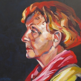 vrouw met rode shawl