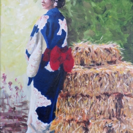 Vrouw in blauwe kimono