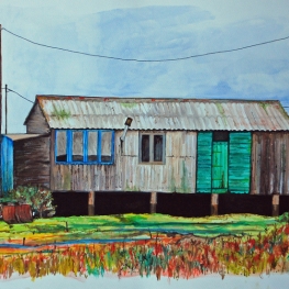 Abandoned oyster cabins