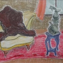 Interieur met stoel, rood kleed en haas, pasteltekening 30 x 40 cm