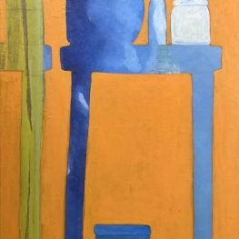 De blauwe tafel met witte pot.