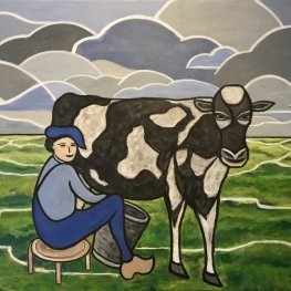 Boer en koe op het land