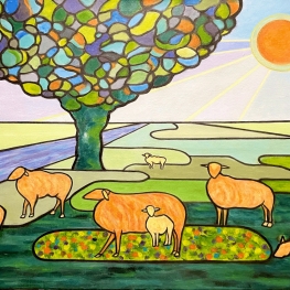 Zonnig fantasielandschap met schapen 
