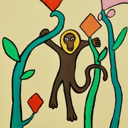 Aapje tussen de bloemenbomen