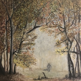 Man met Hond in mistig Herfstbos 