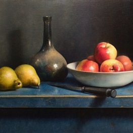 Stilleven met appels, peren en zwarte fles 