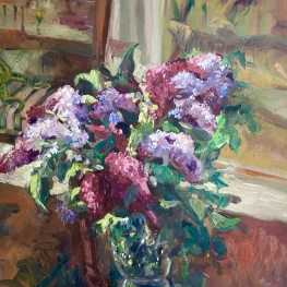 Een stilleven met een bos Seringen en een kikker 