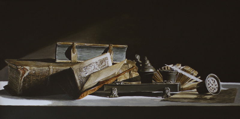 Stilleven met inktstel en boeken