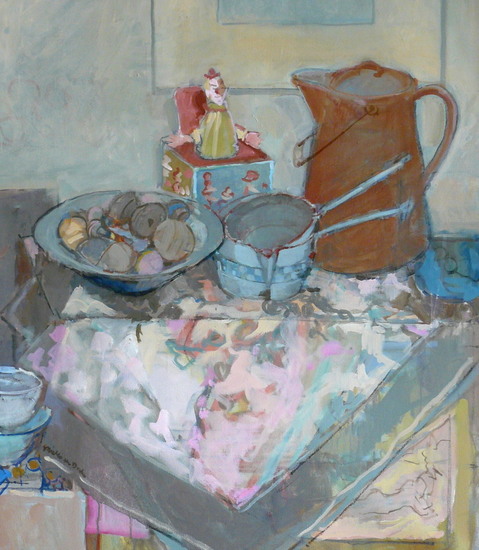 stilleven met blauwe theepot