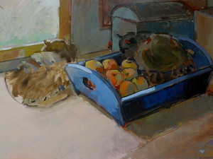 stilleven, katten op tafel, appels, raam