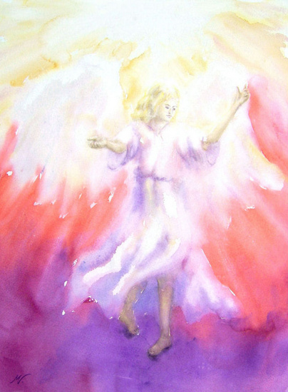 Engel in purper en rood