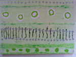 abstract werk in heldere lichte kleuren. Papier en acryl op doek.