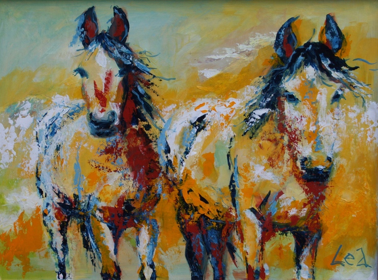 twee paarden in oker