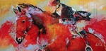 Acrylverf op doek, met kwast en paletmes.