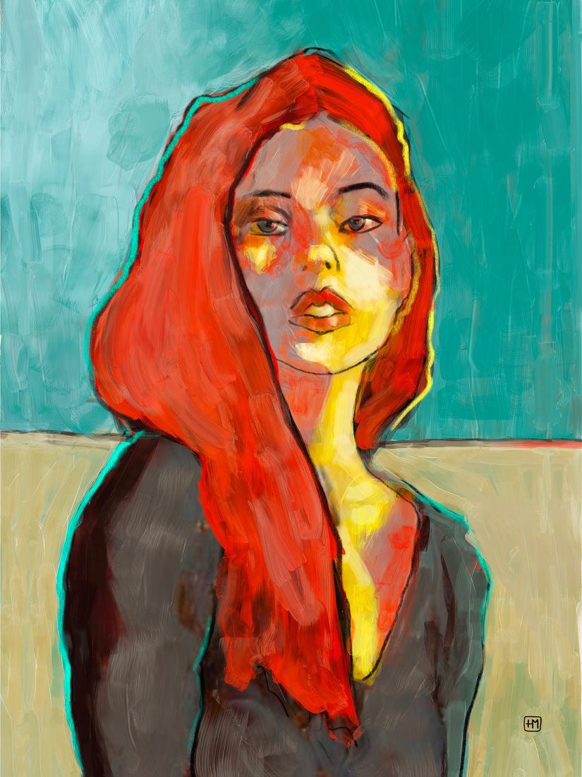 Modern portret van een vrouw, schilderij met rood en blauw