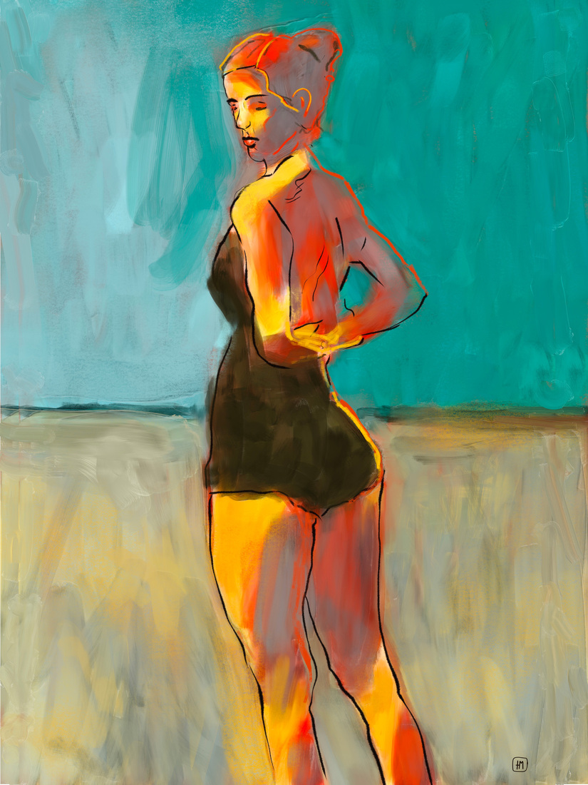 Modern schilderij van een vrouw in badpak, schilderij met rood en blauw
