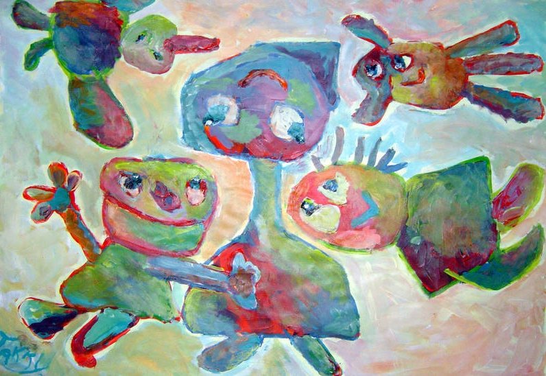 mama met kindjes en dieren ,spelend .