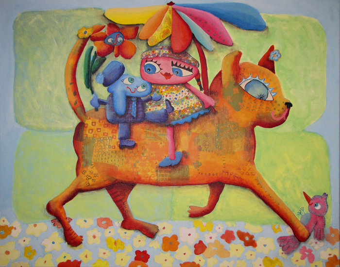 wij op de rug van poes ,op reis