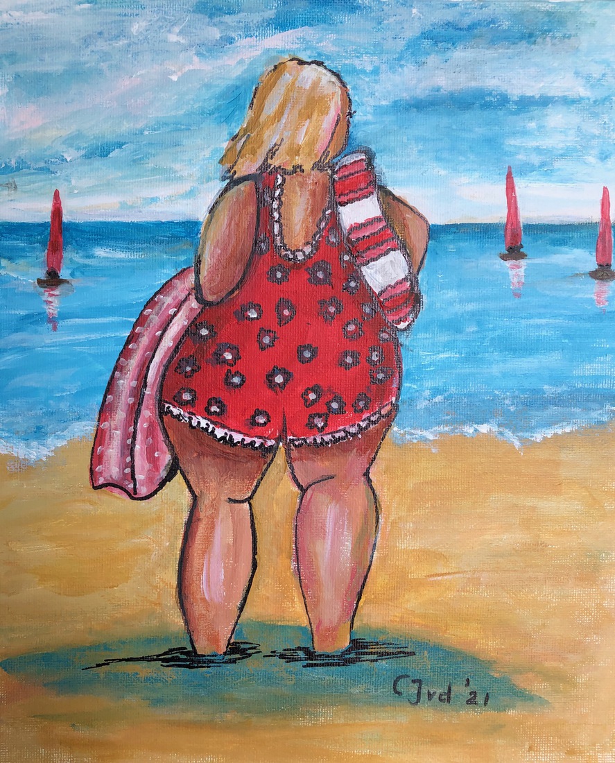 Dikke dame aan het strand