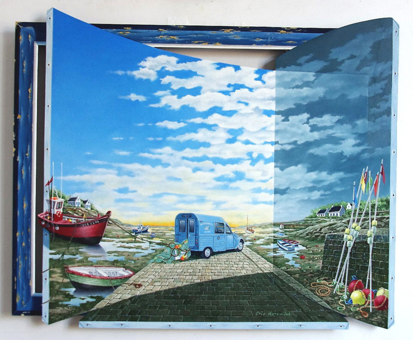 2CV Fourgonnette, blauw Vissersboot in haven