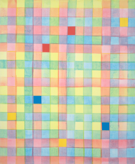 Roze, geel, blauw geblokt