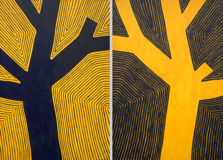 Geel/blauw gestreepte bomen