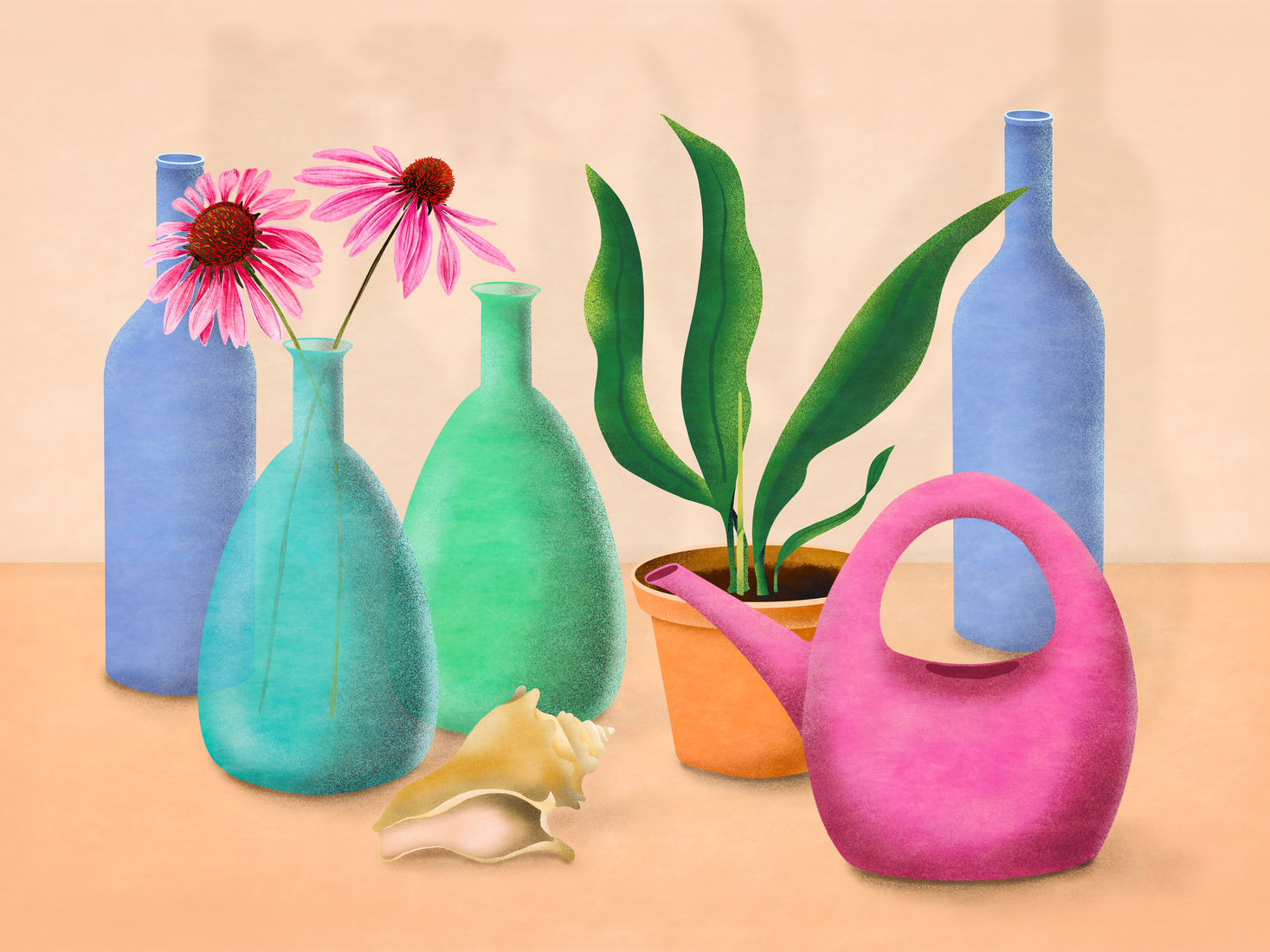 Stilleven met bloemen en gieter