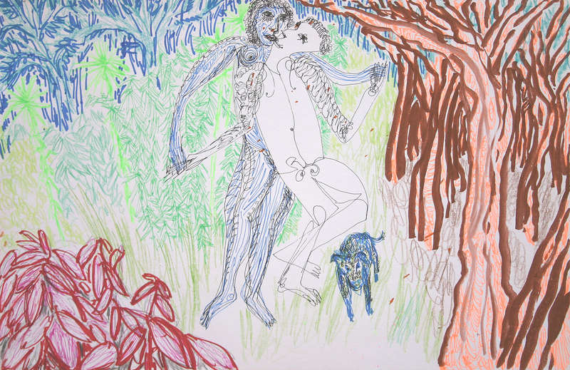 adam & eve & their doggie smooch in paradise