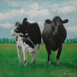 De 'gewone' zwartbonte en roodbonte melkkoeien zie je natuurlijk vaak in het Nederlandse landschap en daarom verschijnen ze ook met regelmaat in Yoeri's werk.