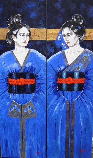 Two Geisha's in Blue