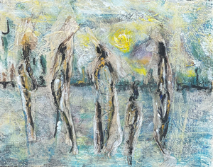 Schilderijen die figuren voorstellen waarin samen met verf andere materialen zijn gebruikt om tot de voorstelling te komen.
Peintures représentant des figures dans lesquelles d'autres matériaux sont utilisés avec la peinture pour créer la représentation.