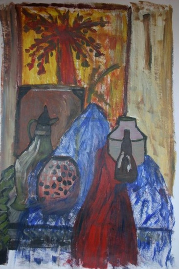 Stilleven blauw kleed