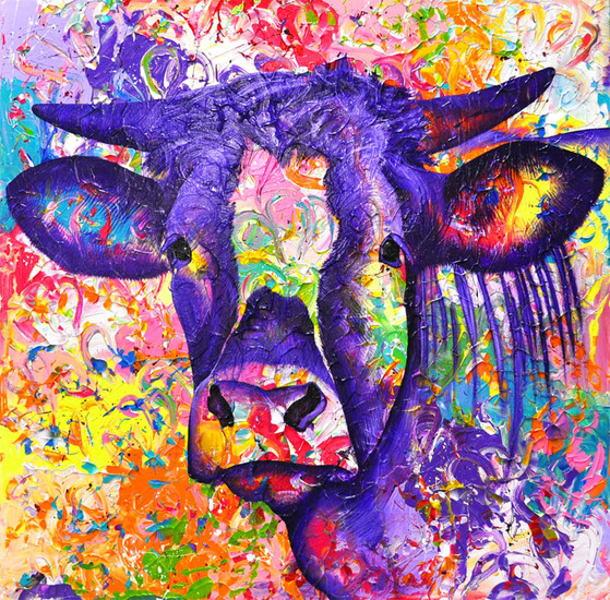 Kleurrijk koeienschilderij in opdracht