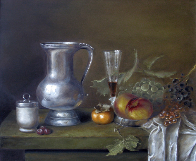 Silver pewter with sharonfruit