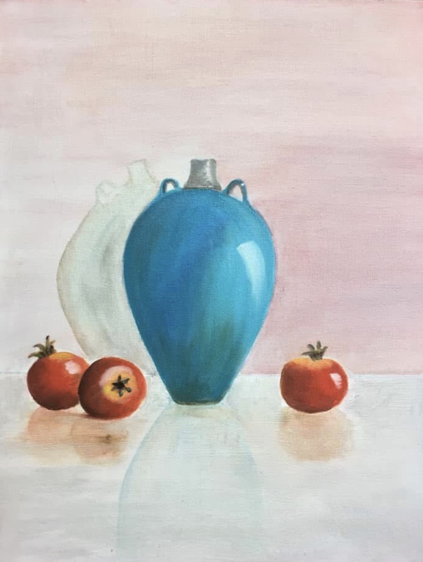 Stilleven met vaas en granaatappels