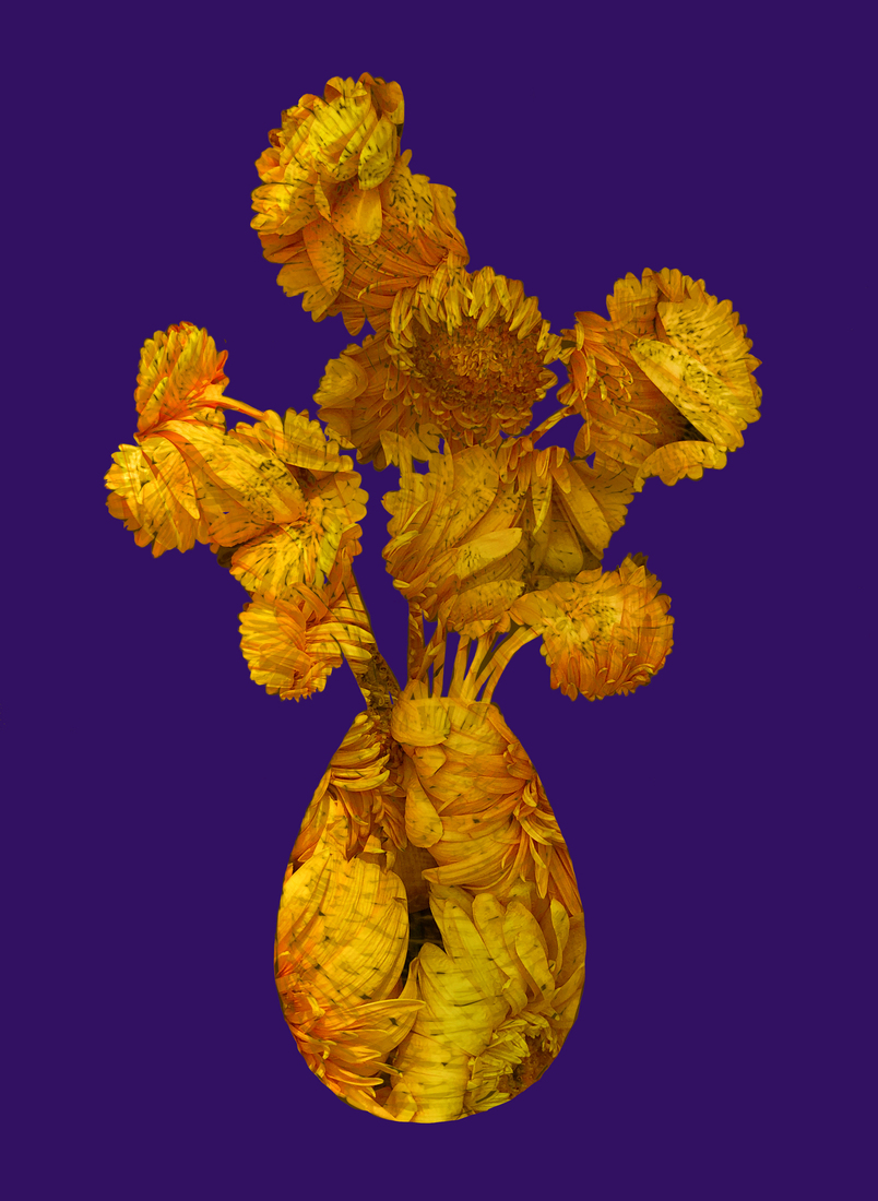 Gele vaas met Gerbera's, blauw