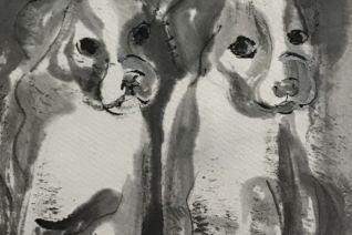Boxerpups , ingelijst met passe-partout.