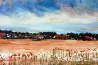 Een schilderij van een landschap met rode klaprozen 🌺🌺