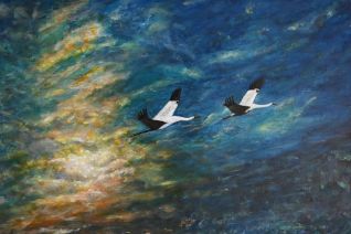 Kraanvogels bij zonsondergang