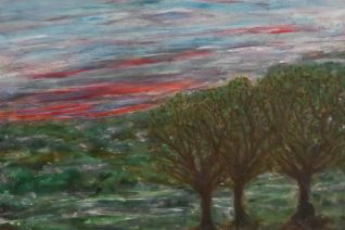 Drie bomen bij zonsondergang