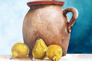 Kruik met peren in olieverf 