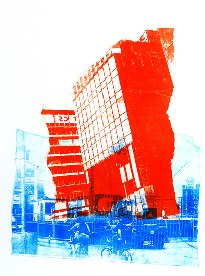 Tijdelijk Stedelijk Museum C.S. 1. - mono-print van nieuwbouw aan het Oosterdok