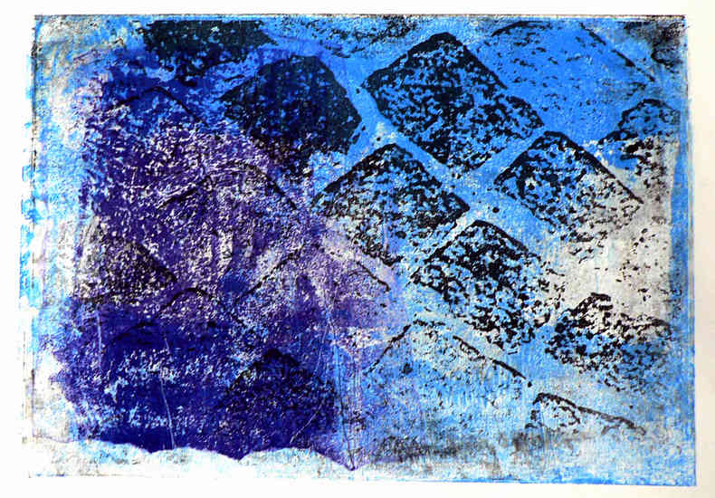 'Blauwe straatstenen 1.' - mono-print, grafische kunst