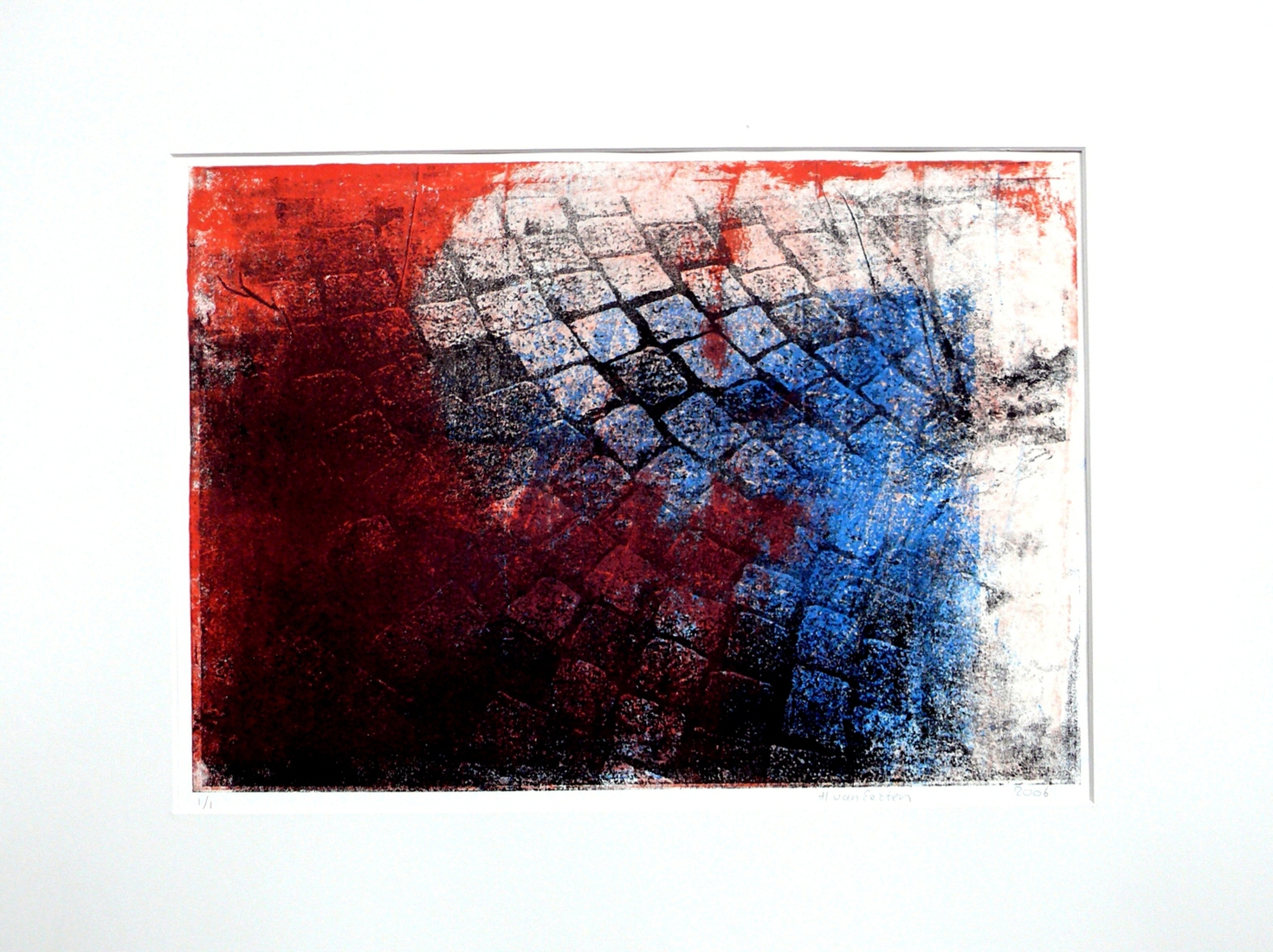 'Bestrating -  blauwe en rode kasseien met wit 1.' - mono-print, grafische kunst