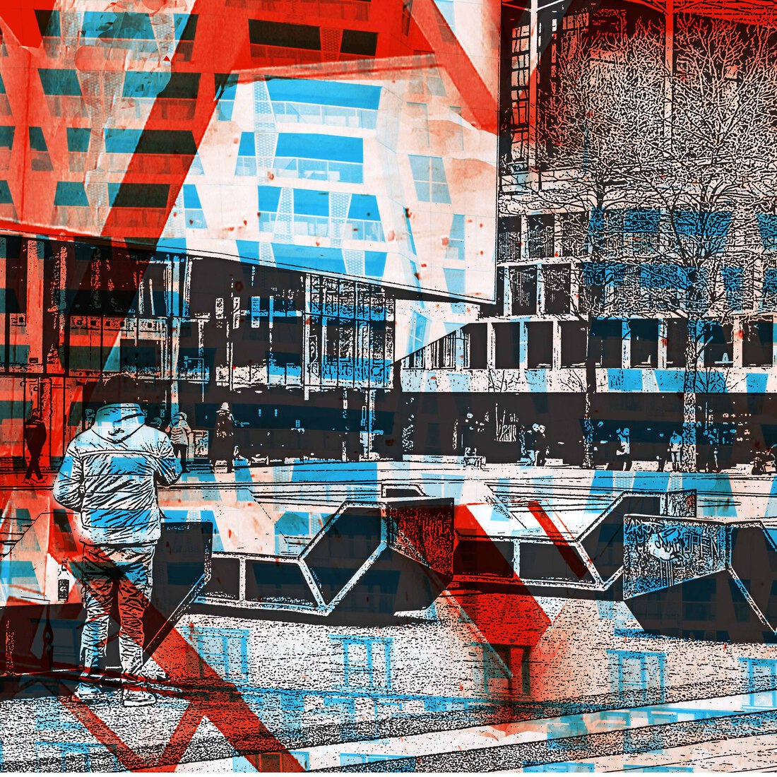 'Blokken op het Schouwburgplein.' - digitale print 