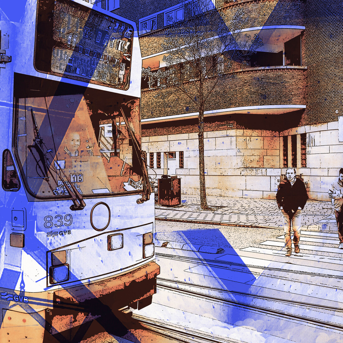 'Tram bij Roelof Hartplein, Amsterdam'- digitale art-print