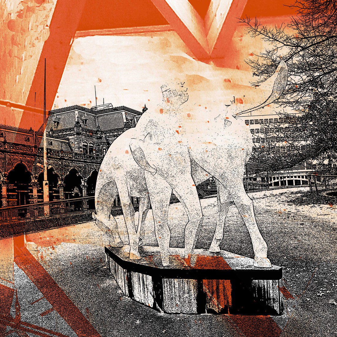 Op het stationsplein Groningen met het Peerd van Ome Loek. - digital  fine art print