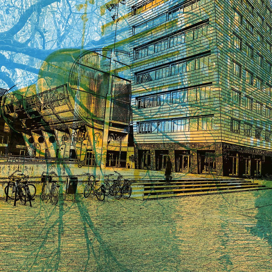 Fietsen voor het Pathé, Breda. - digital art print