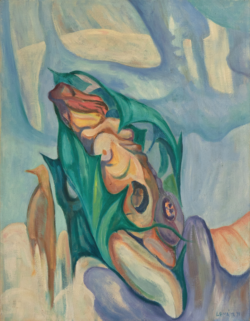 abstract surrealisme in olieverf-schilderij zonder titel, uit 1971