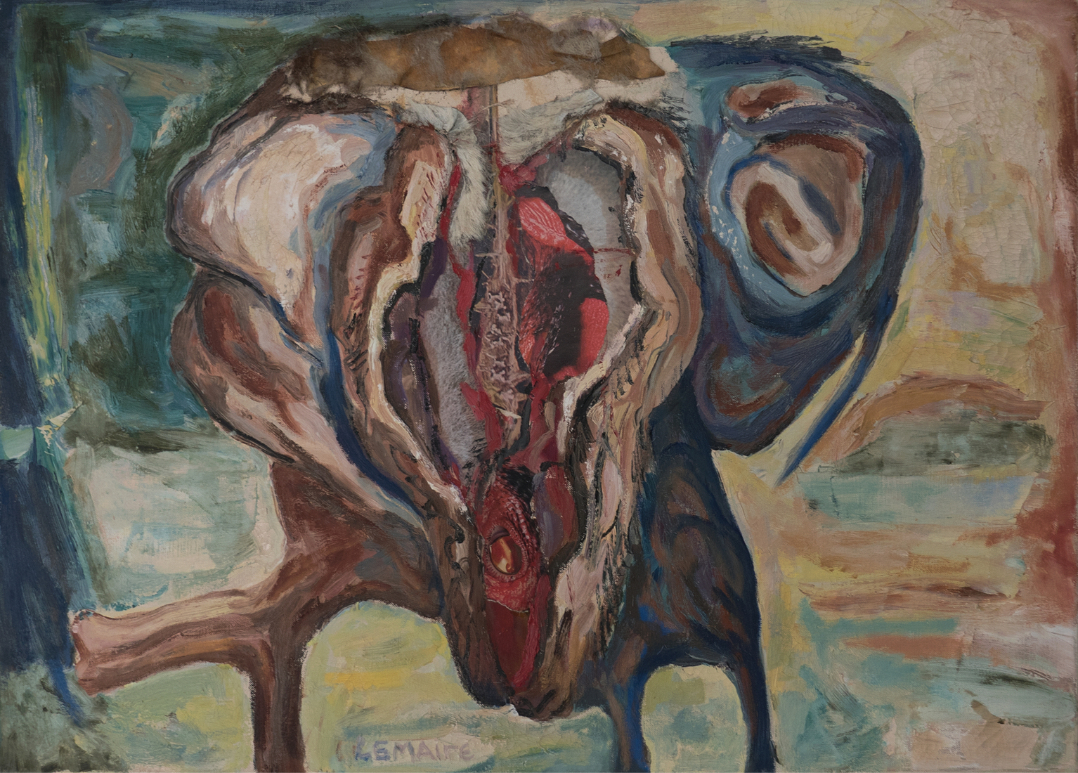 schilderij zonder titel - abstracte figuratie in olieverf op doek, geschilderd in 1968 